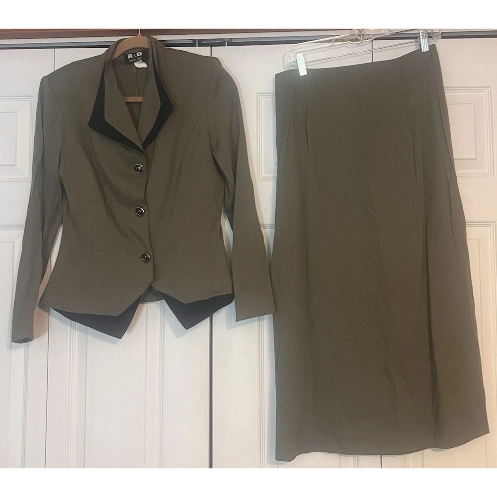 Vintage R&D Olive Green Black Womens Long Sleeve Suit Skirt Size 10 Corporate